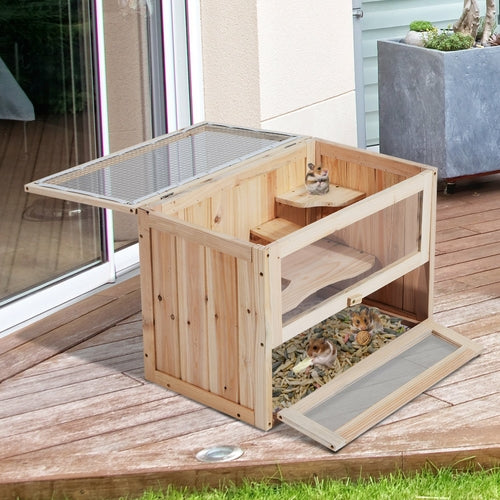 PawNest Lodge — 2-Level Wooden Hamster Cage, Small Animal Habitat